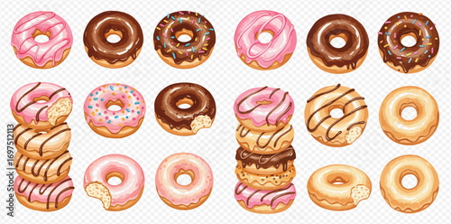 A delicious collection of illustrated donuts with pink and chocolate glaze, sprinkles, and drizzles, some bitten and stacked.