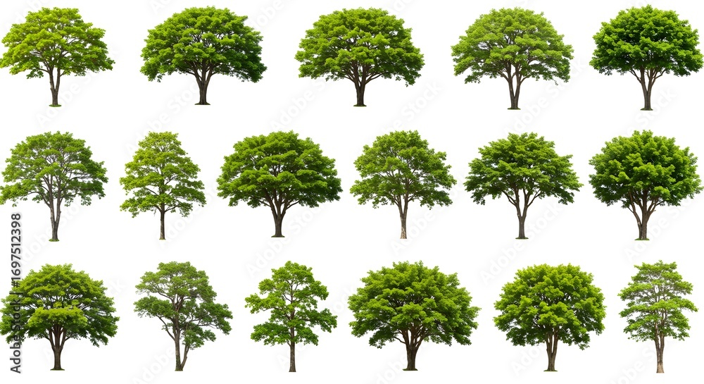 Fototapeta premium Diverse Collection of Lush Green Trees Isolated on White Background