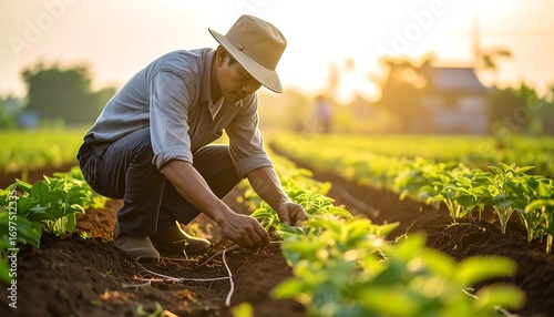 Farmer tending young plants in a field at sunrise