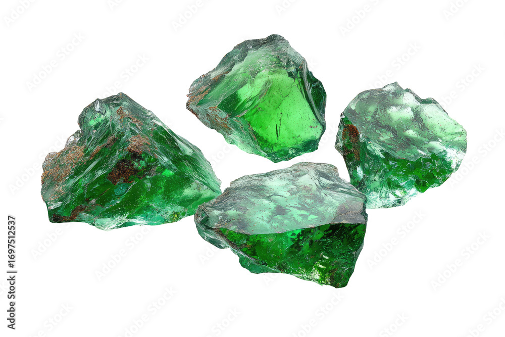 Fototapeta premium Four rough, faceted green gemstones