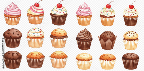 A delightful watercolor collection of assorted cupcakes and muffins with colorful frosting, sprinkles, and cherries, isolated on a transparent background.