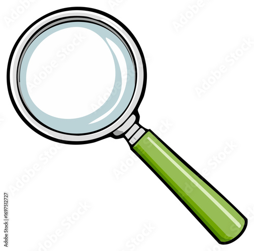 Magnifying glass illustration with green handle, searching and observing concept