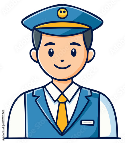 Friendly cartoon man wearing a blue uniform and yellow tie smiling