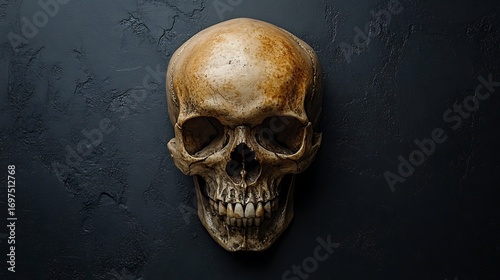 Anatomical human skull death head bone skeleton halloween dark background horror anatomy medical study art