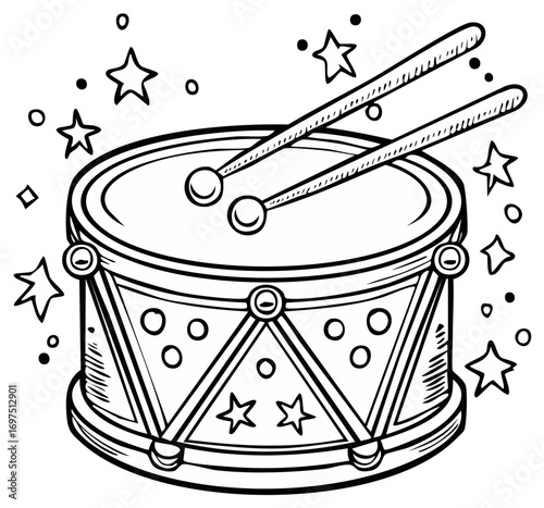 Musical Drum and Drumsticks Line Art with Star Illustrations