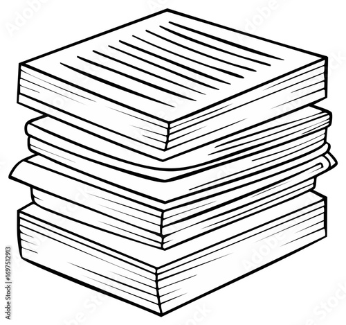 Stacked papers, stack of notebooks and documents, black and white drawing, outline style