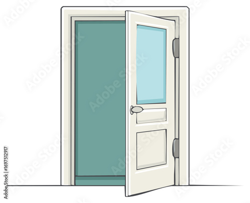 Simple cartoon illustration of an open white door with a glass panel leading into a room