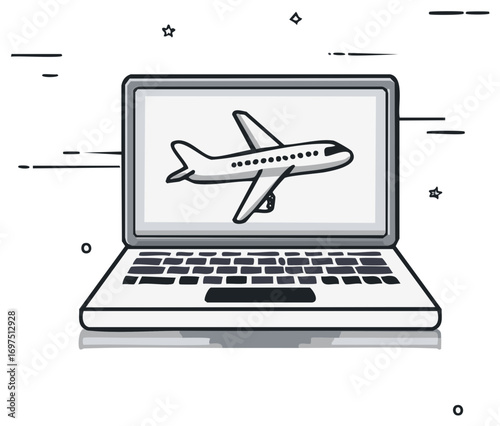 Laptop displaying airplane graphic with abstract travel elements