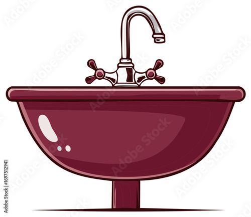Classic burgundy bathroom sink with vintage chrome faucet and ornate handles