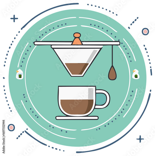 Coffee brewing with glass filter and cup illustration