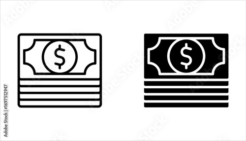 Money icon set. Dollars banknotes. Cash money line design on white background