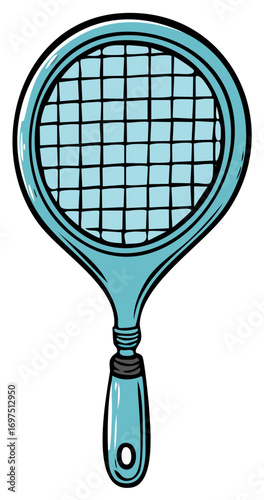 Hand drawn cartoon illustration of a turquoise tennis racquet isolated on white background