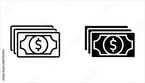 Money icon set. Dollars banknotes. Cash money line design on white background