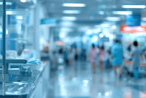 Blurred scene showing a bright, cool-toned hospital hallway, people walking in the distance, and foreground focused on medical surfaces