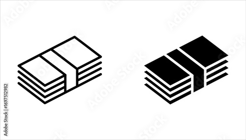 Money icon set. Dollars banknotes. Cash money line design on white background