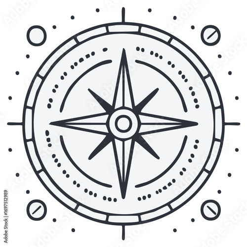 Elegant nautical compass with wind rose design in minimalist black outline illustration indicating navigation direction