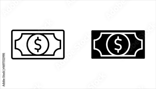 Money icon set. Dollars banknotes. Cash money line design on white background