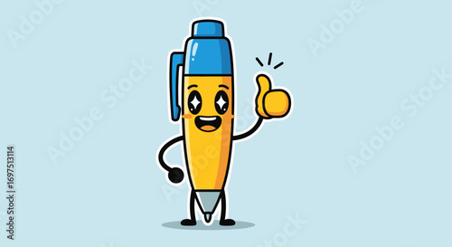 Adorable yellow cartoon pen character with a happy face giving a positive thumbs-up gesture.