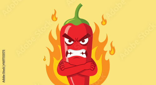 Angry Cartoon Chili Pepper with Crossed Arms, Emblazoned in Flames.