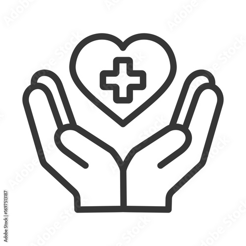 
outline icon of single health care with design of two hands facing up, heart and plus sign