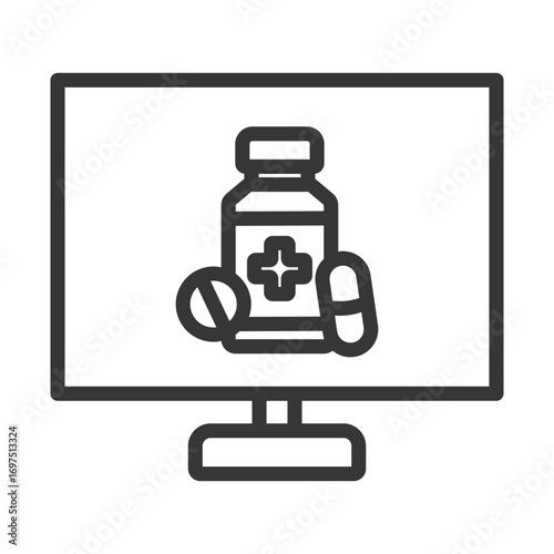 outline icon single online pharmacy with computer design, capsules and pills