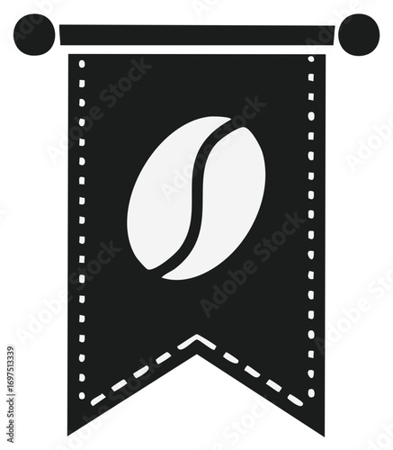 Coffee bean icon on a hanging pennant flag. Simple black and white vector symbol for a cafe or coffee shop sign.