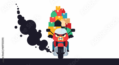 Angry Cartoon Delivery Driver on Motorcycle with Huge Package Load.