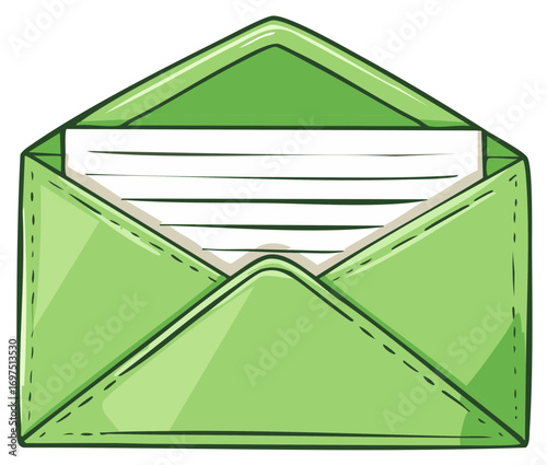 Hand drawn green envelope with a letter inside vector illustration