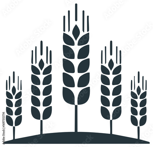 Stylized illustration of five growing wheat stalks of varying heights on a gentle slope