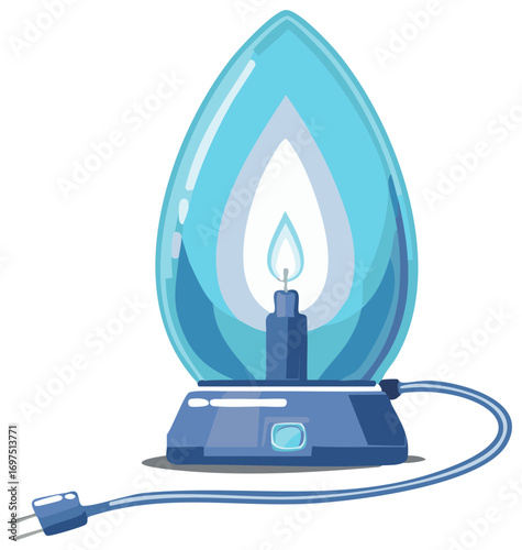 Whimsical blue electric lamp illuminates with a gentle flame like bulb. Decorative light fixture casts a soft calming glow.