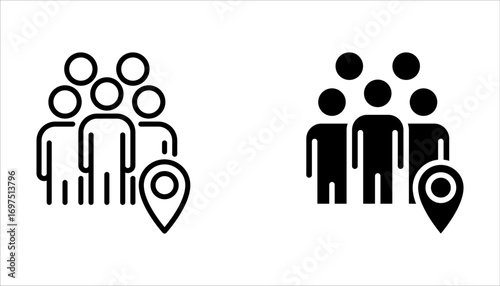 meeting point location icon set, gathering people on white background