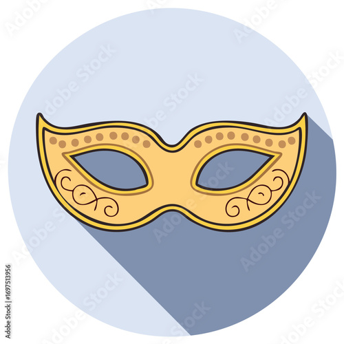 Golden carnival masquerade mask vector icon with long shadow for holiday celebration