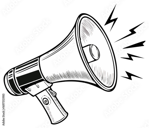 Hand Drawn Megaphone with Sound Waves Announcing Important Information Black and White