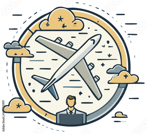 Airplane flights concept with pilot, Clouds, Illustration vector for travel planning and air tickets