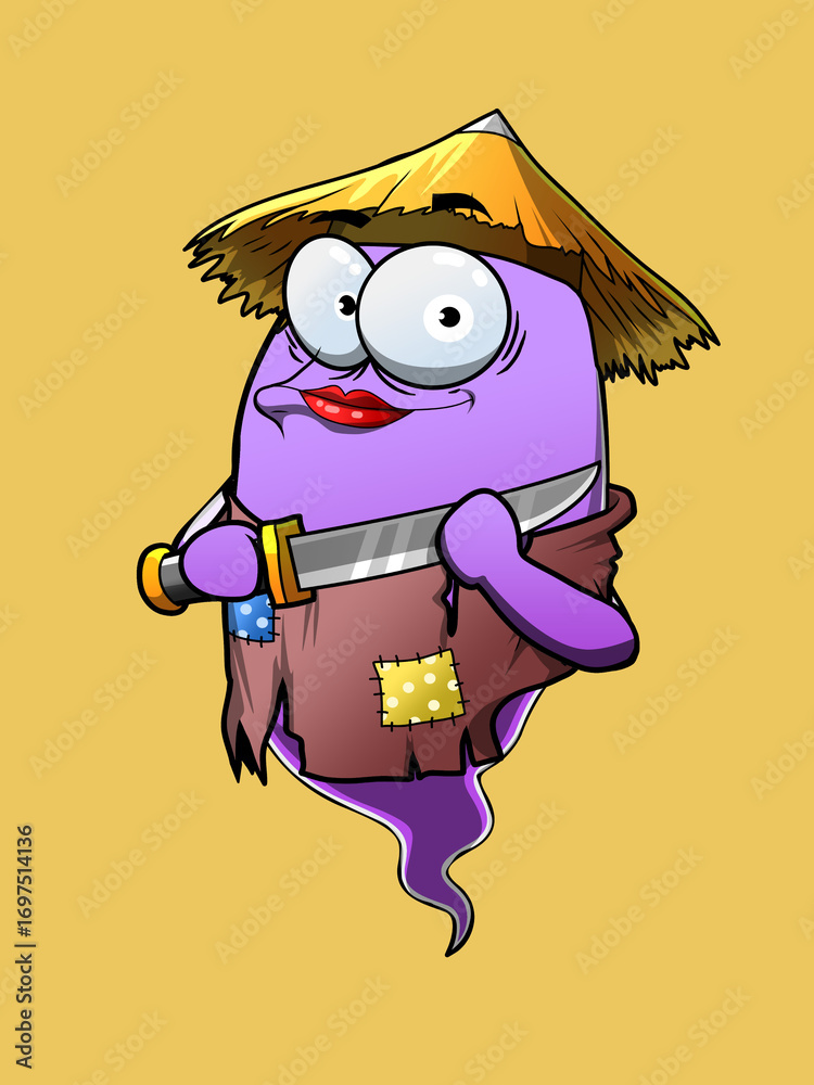 Fototapeta premium Funny Cartoon Samurai Ghost with Straw Hat