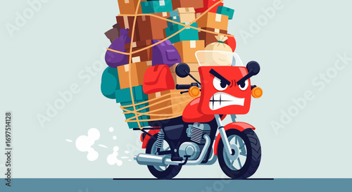 Angry Red Motorcycle Loaded High with Many Colorful Packages.