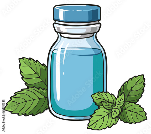 Glass bottle filled with a blue liquid, accompanied by sprigs of fresh green mint leaves
