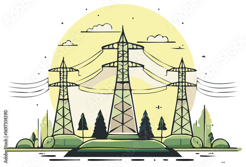 Stylized illustration of tall electricity pylons with wires stretching across a sunny, cloudy sky