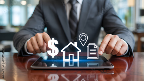 Real Estate Investment: A smartly dressed professional uses a tablet to show an array of real estate icons, highlighting the digital transformation of the property investment.