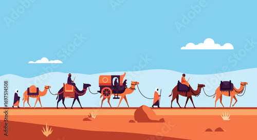 Caravan of Camels Traversing Desert Landscape with Riders and Passengers.