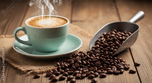 A steaming cup of coffee with beans on a wooden surface and a metal scoop filled with coffee beans
