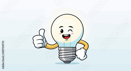 Cheerful Cartoon Light Bulb Character Giving Thumbs Up and Winking.