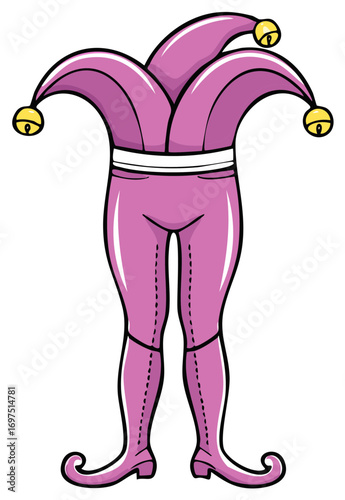 Colorful Jester Costume Illustration with Purple Hat Bells and Pointed Footwear