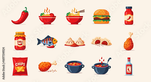 Collection of Cartoon Asian and Western Foods.