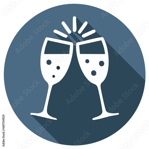Two champagne flutes clinking in a celebratory toast flat design icon with bubbles and long shadow