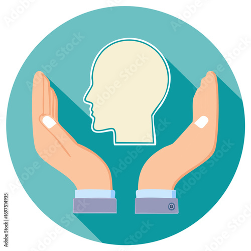 Two hands cupping a silhouette of a human head, representing care and protection.