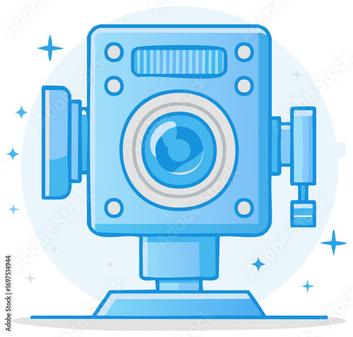 Cartoon Robot Head Illustration: Fun, Blue Mechanical Device with Lens and Details