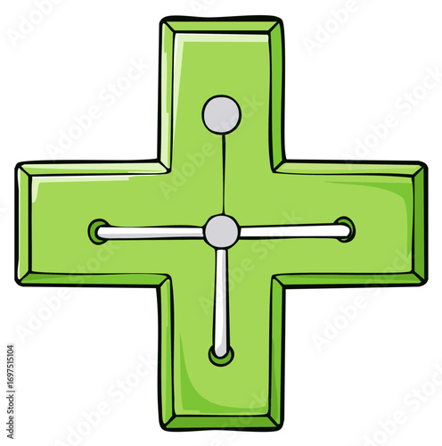 Illustrated green plus symbol with a network connection icon for health or tech