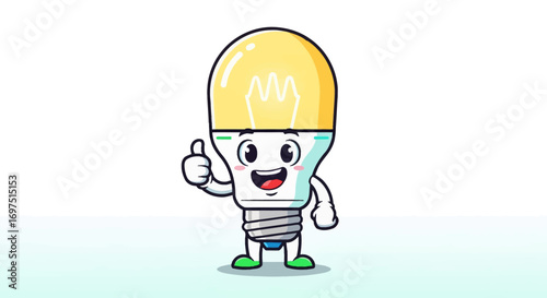 Cute cartoon LED light bulb character with a happy smile giving a thumbs-up gesture.