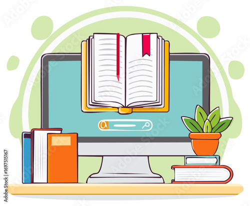 Computer Screen Displaying Open Book with Plant and Textbooks on a Shelf